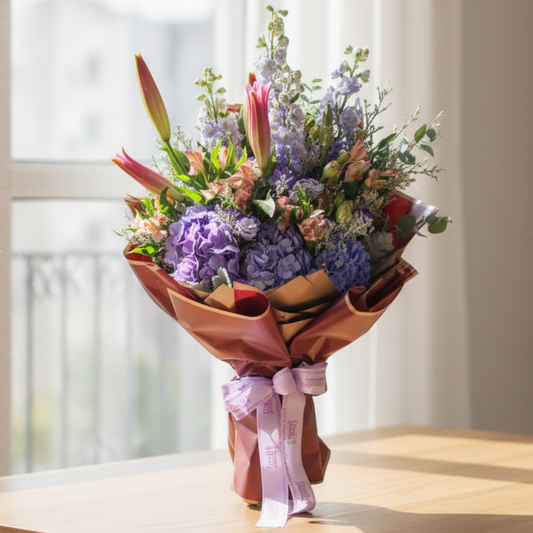 格蘭花店 - 鮮花花束 (大飛燕、小百合、火百合、繡球花、桔梗及其他襯花) [FB125]