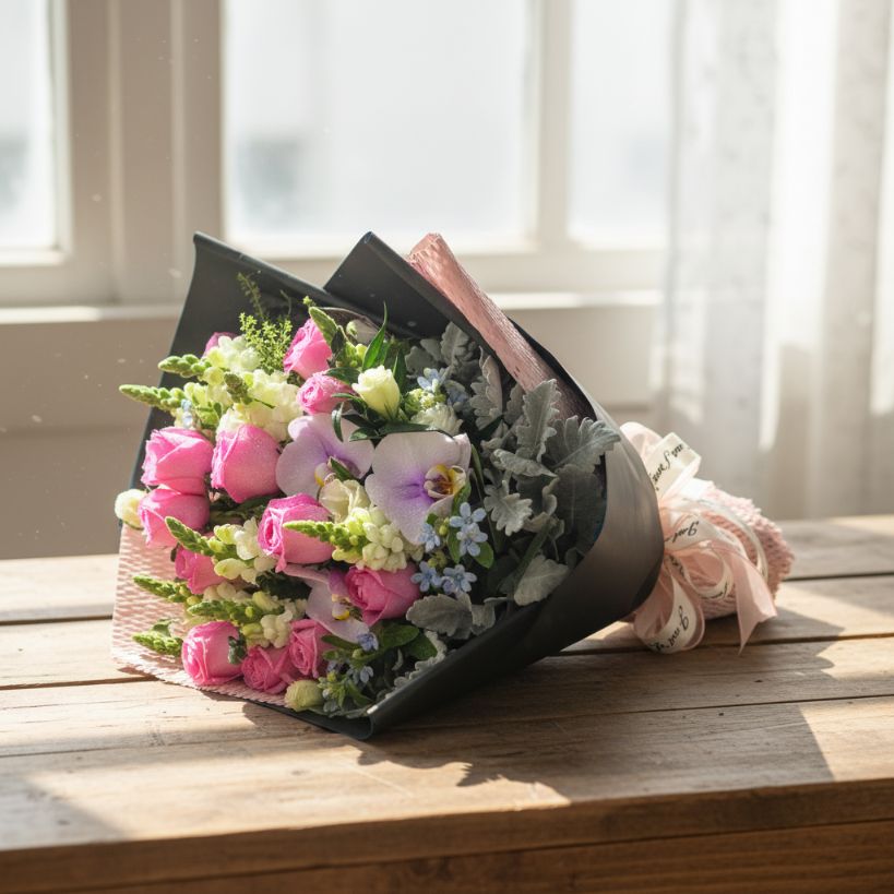 格蘭花店 - 鮮花花束 (玫瑰12枝、藍星花、金魚草、米娜葉、蝴蝶蘭及其他襯花) [FB131]