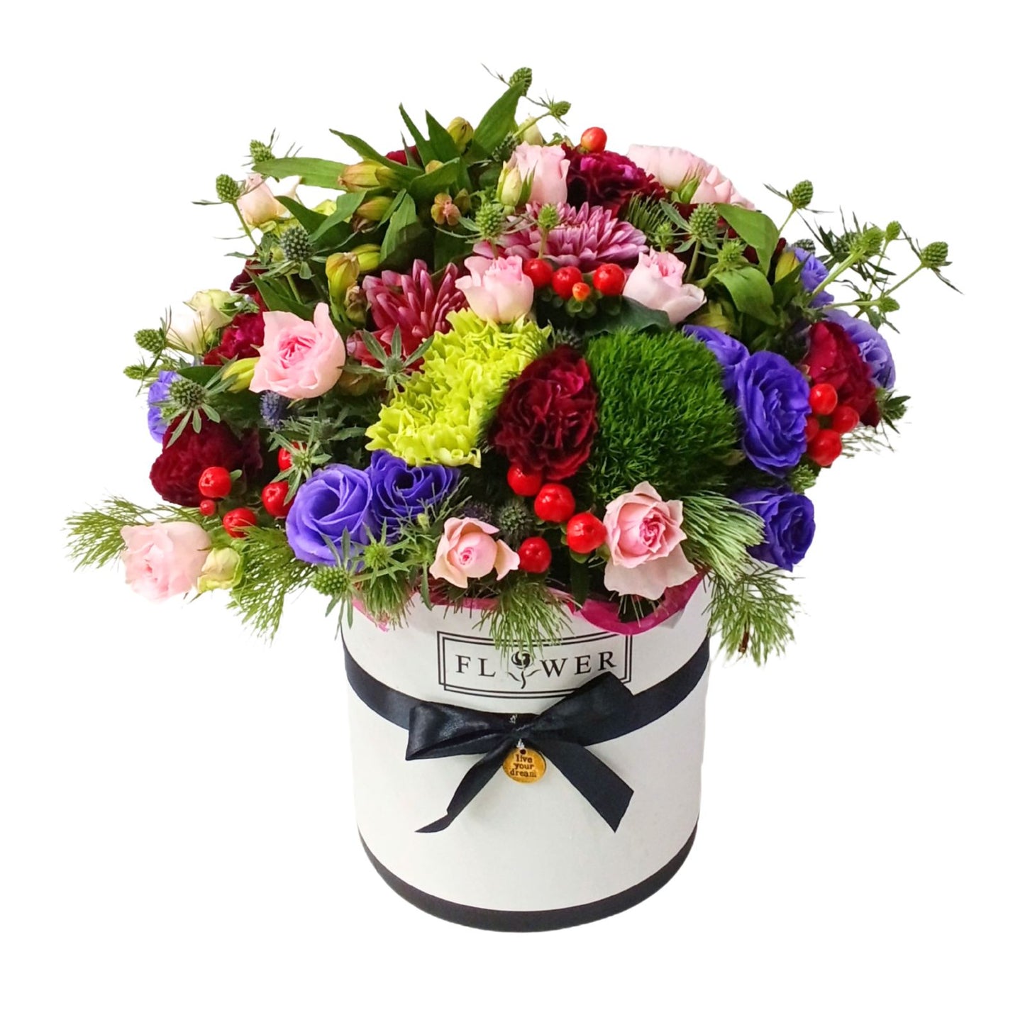 格蘭花店 - 鮮花花桶 (康乃馨、大理花、小玫、綠毛球、桔梗及其他襯花) [FB133]