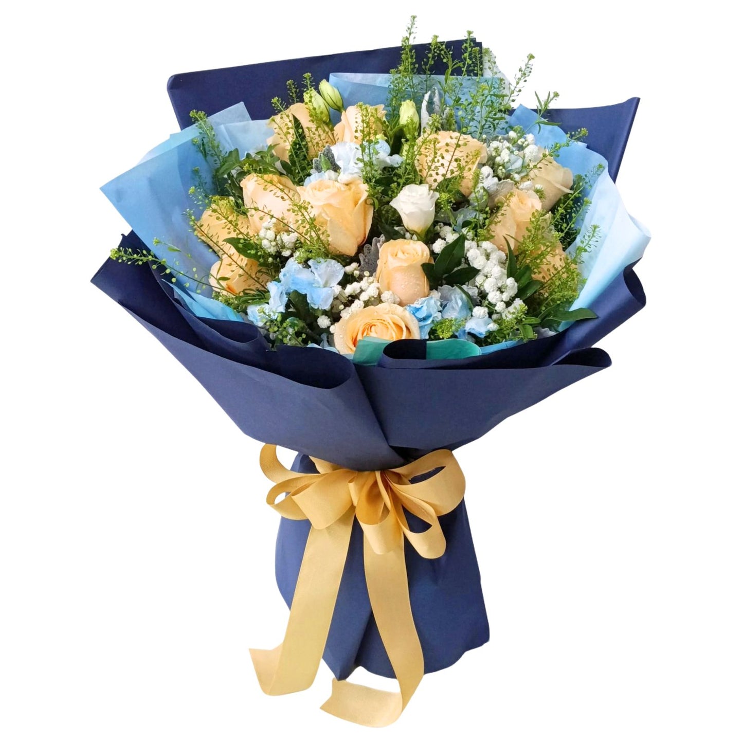格蘭花店 - 鮮花花束 (香檳玫瑰12枝、滿天星、藍色小丁及其他襯花) [FB134]
