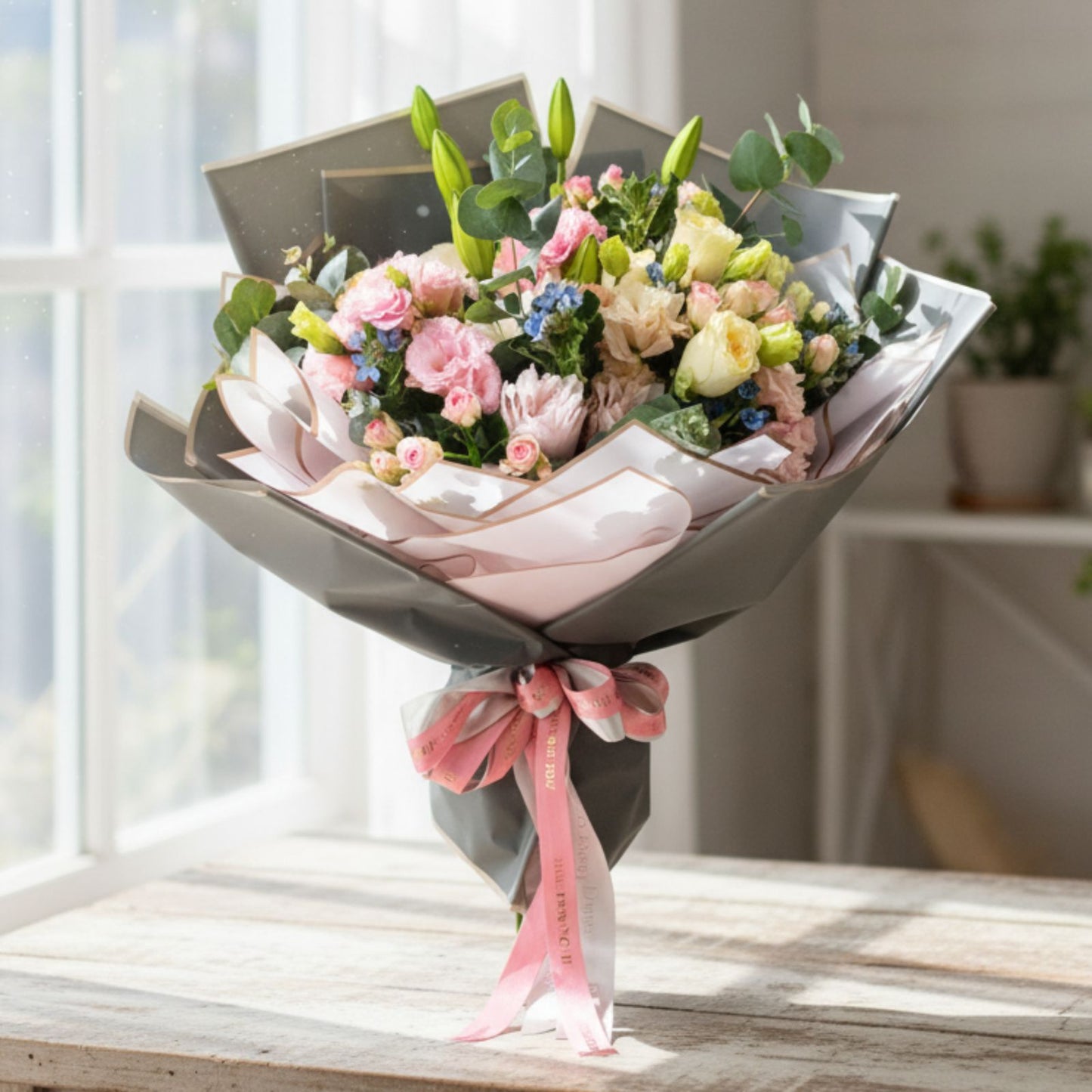 格蘭花店 - 鮮花花束 (重瓣粉百合、玫瑰、小玫瑰、藍星花、桔梗、尤加利葉及其他襯花) [FB135]