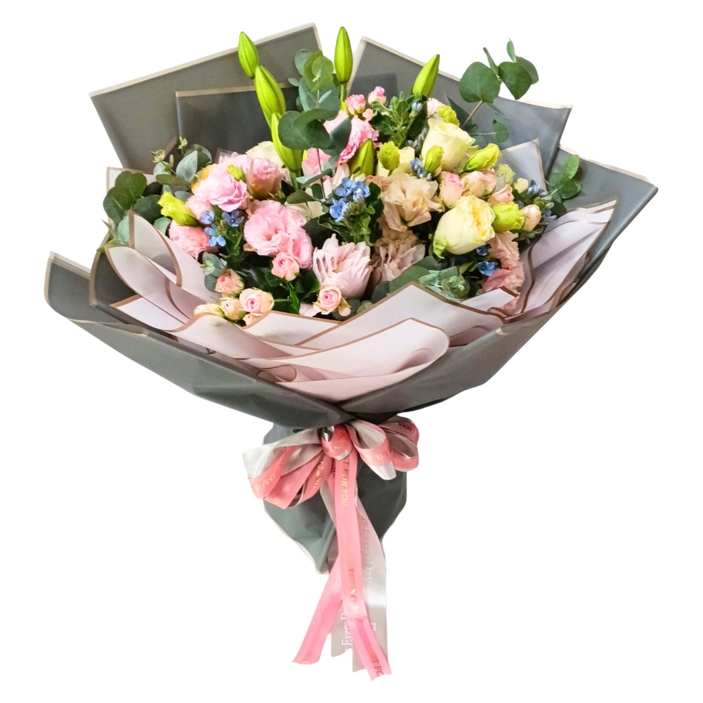 格蘭花店 - 鮮花花束 (重瓣粉百合、玫瑰、小玫瑰、藍星花、桔梗、尤加利葉及其他襯花) [FB135]