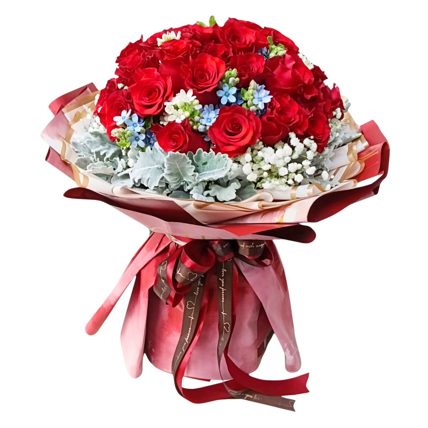 格蘭花店 - 鮮花花束 (紅玫瑰50枝、藍星花、滿天星、米娜葉) [FB26001]