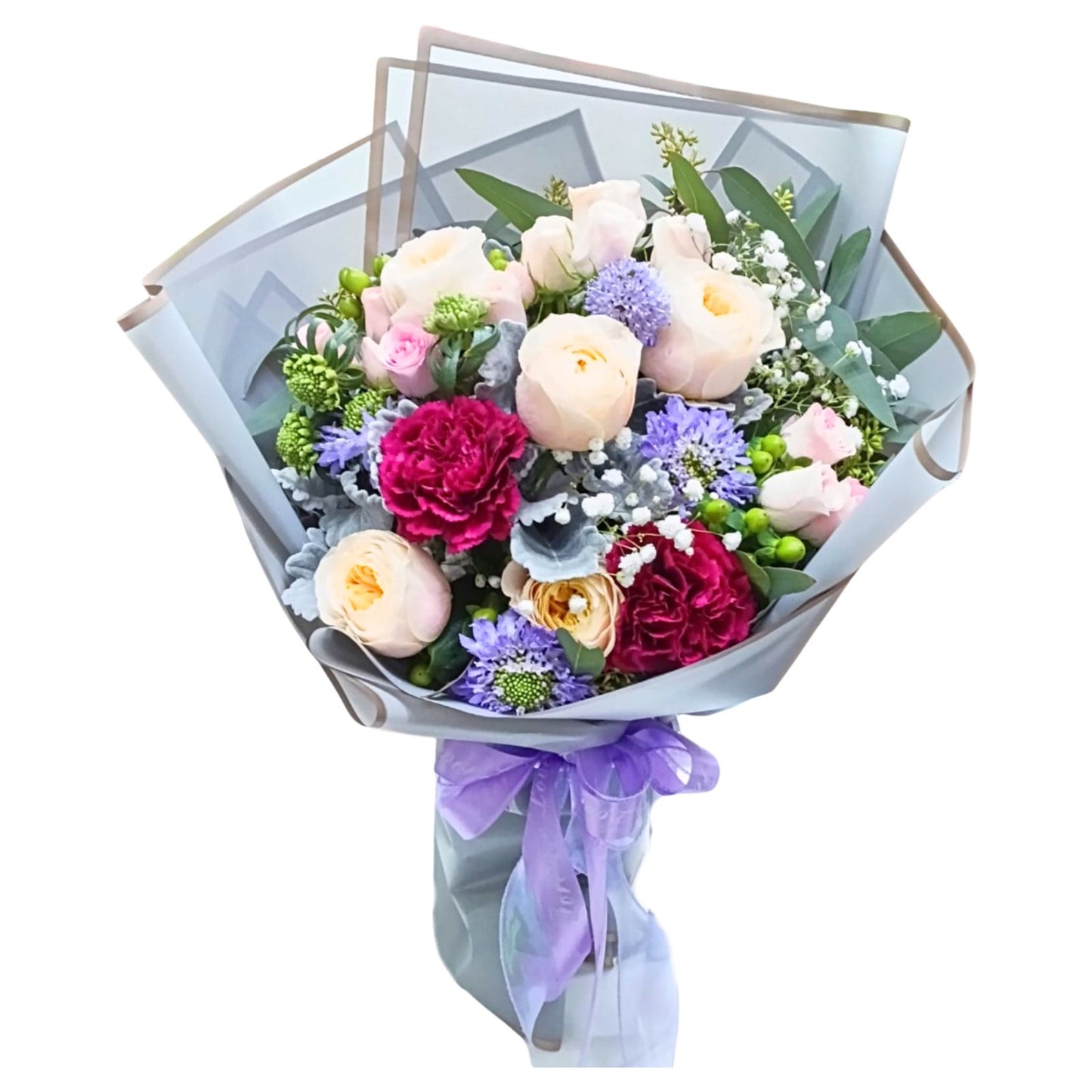 格蘭花店 - 鮮花花束 (玫瑰6枝、康乃馨、小玫瑰、滿天星、綠豆、蟲蟲草及其他襯花) [FB26002]