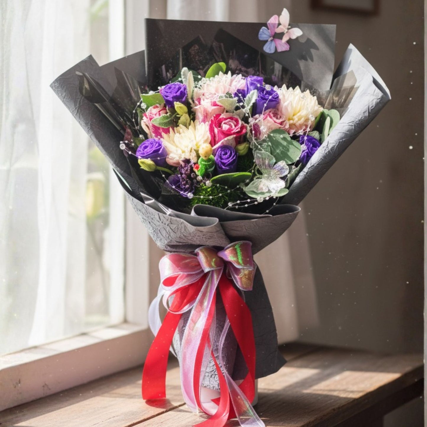 格蘭花店 - 鮮花花束 (大理花、玫瑰、桔梗、 綠毛球、及其他襯花) [FB26003]