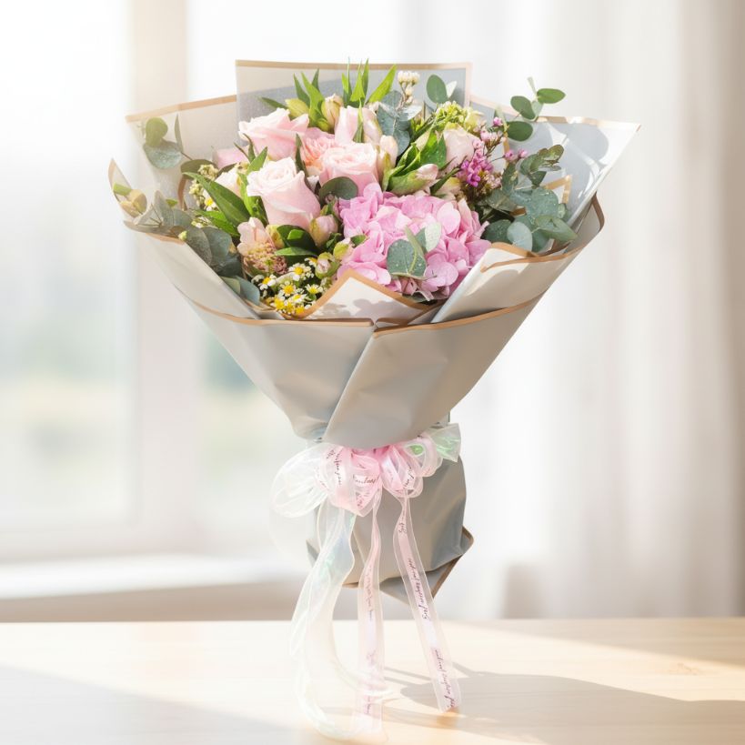 格蘭花店 - 鮮花花束 (粉繡球花、粉玫瑰、小百合、蠟梅、小菊、尤加利葉及其他襯花) [FB26009]