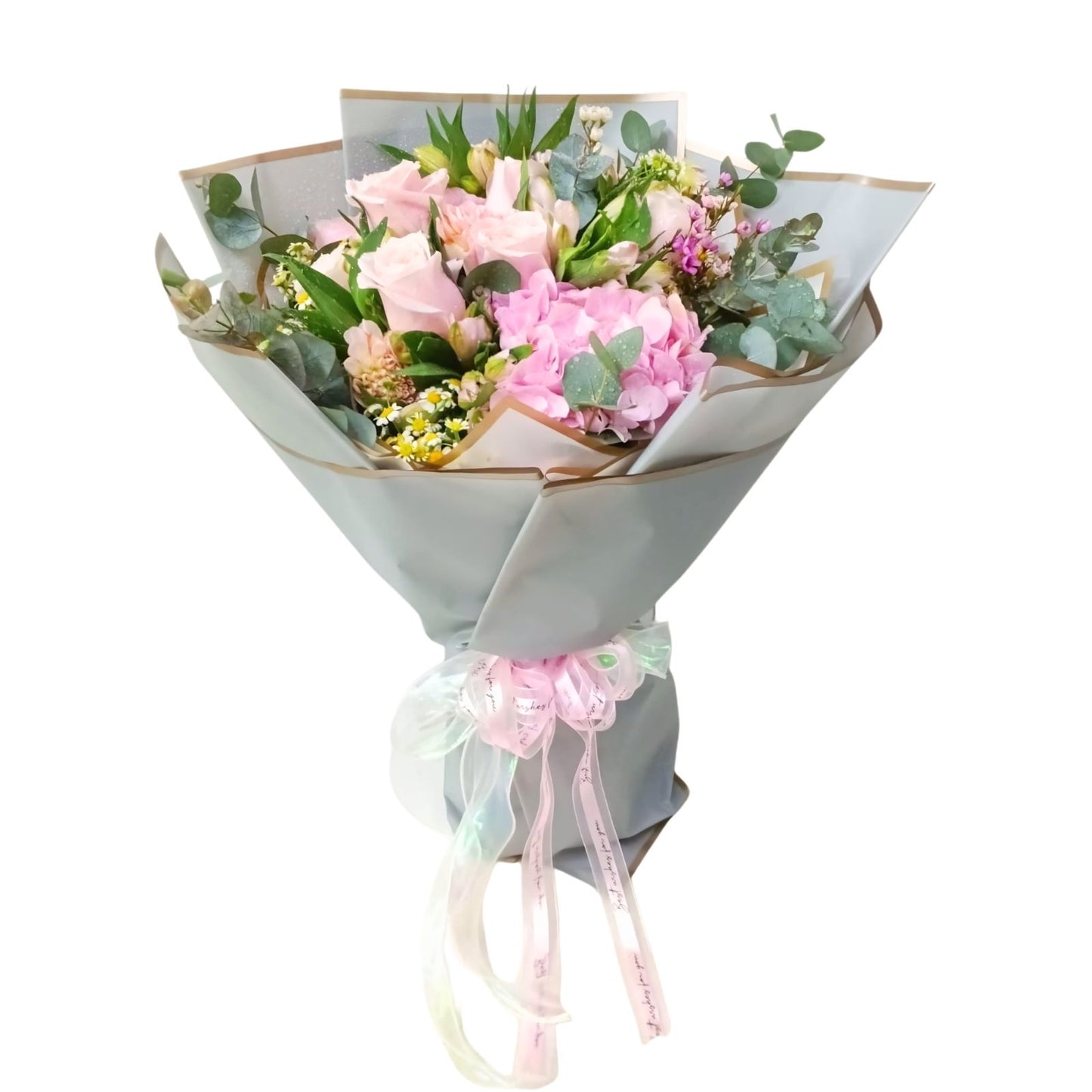 格蘭花店 - 鮮花花束 (粉繡球花、粉玫瑰、小百合、蠟梅、小菊、尤加利葉及其他襯花) [FB26009]