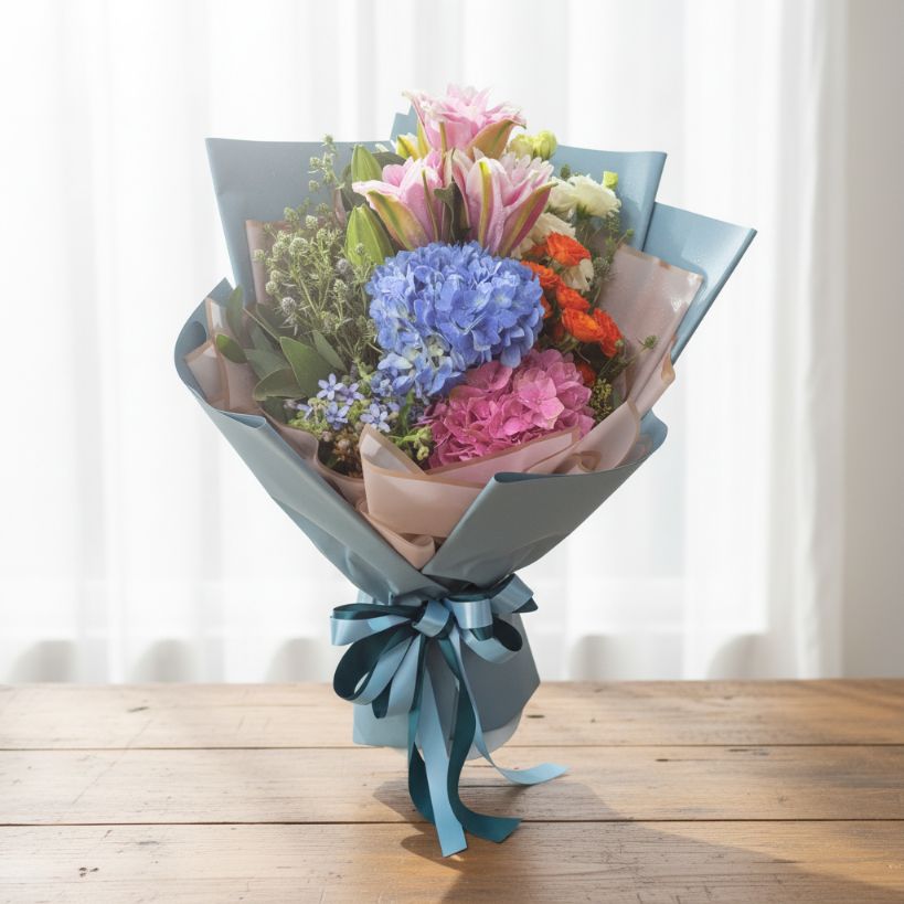 格蘭花店 - 鮮花花束 (繡球花、小玫瑰、桔梗、 藍星花、雙層百合、桔梗、蟲蟲草、尤加利葉及其他襯花) [FB26012]