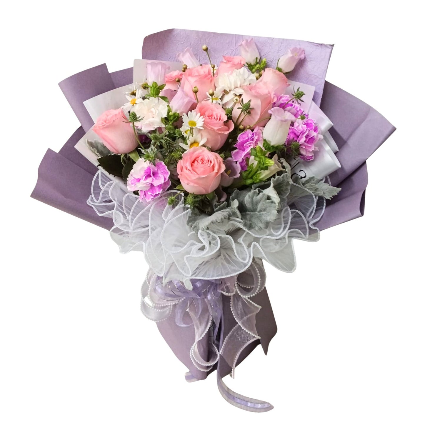 格蘭花店 - 鮮花花束 (粉玫瑰10枝、康乃馨、風鈴花、米娜葉、玫瑰及其他襯花) [FB26015]