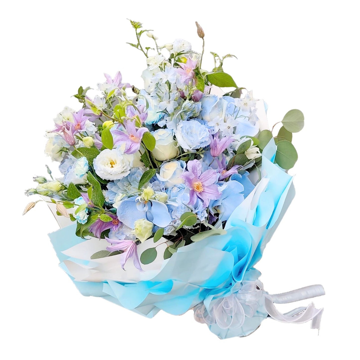 格蘭花店 - 鮮花花束 (鐵線蓮、大理花、桔梗、 白玫瑰、小飛燕、康乃馨、蝴蝶蘭及其他襯花) [FB26019]