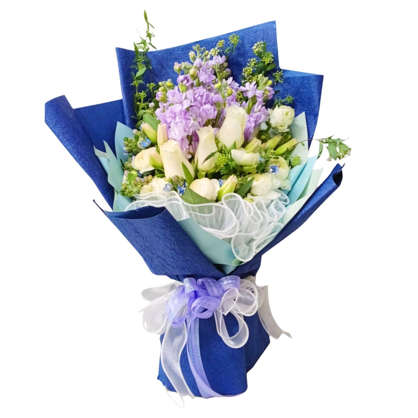 格蘭花店 - 鮮花花束 (日本麝香、鬱金香、小牡丹、白玫瑰、 藍星花及其他襯花) [FB26030]