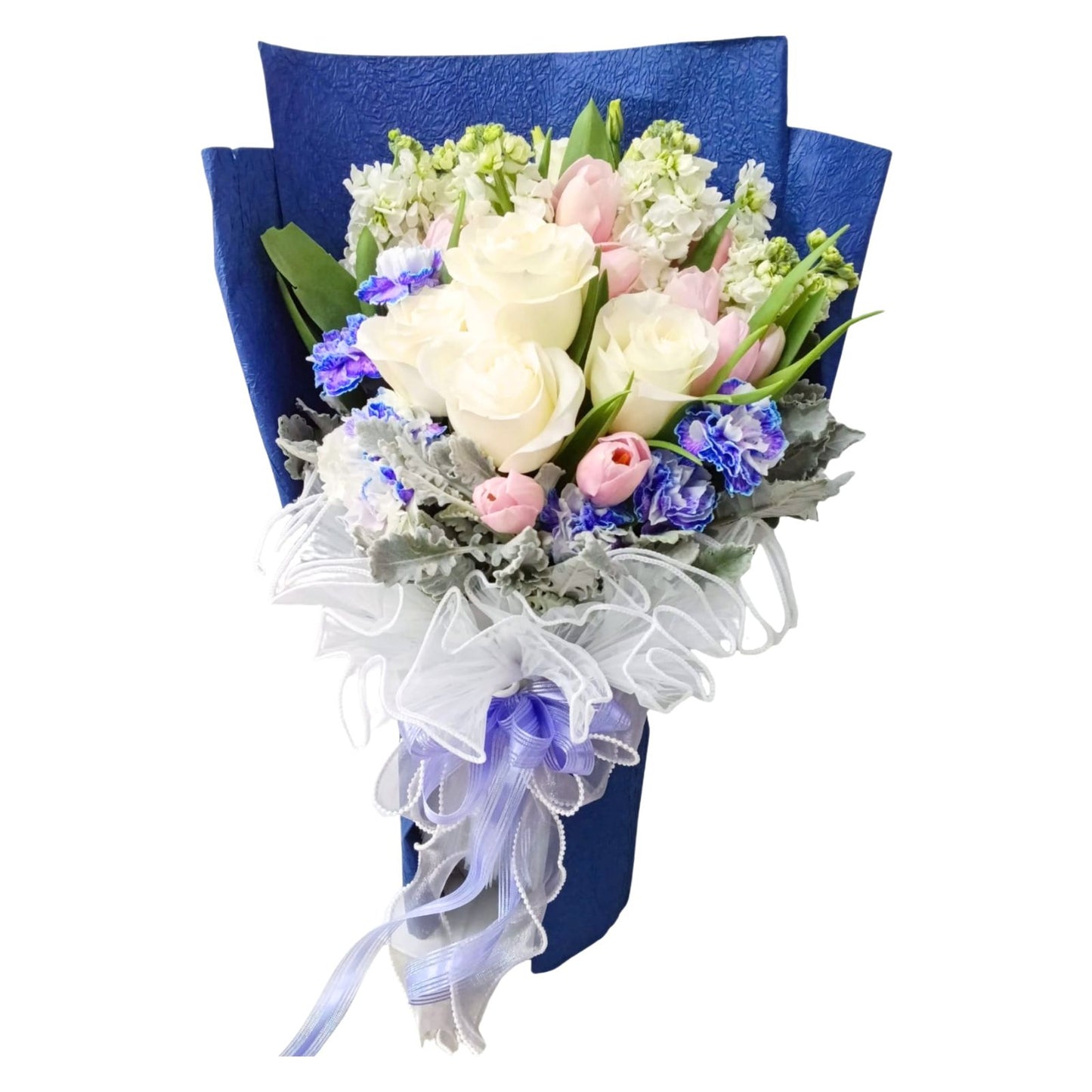 格蘭花店 - 鮮花花束 (日本麝香、白玫瑰、鬱金香、藍康乃馨、米娜葉及其他襯花) [FB26032]