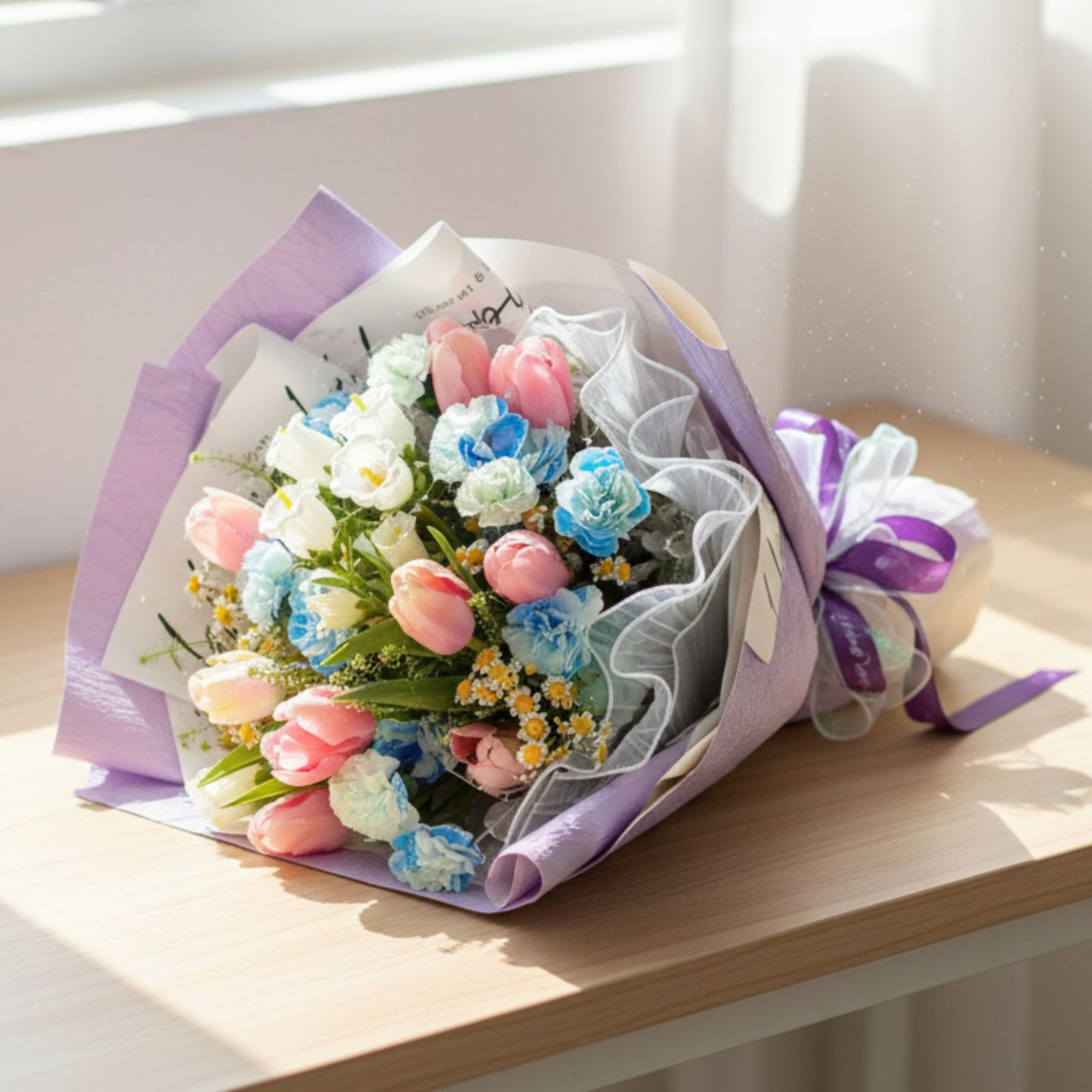 格蘭花店 - 鮮花花束 (鬱金香、康乃馨、風鈴花、 小菊花、米娜葉及其他襯花) [FB26034]