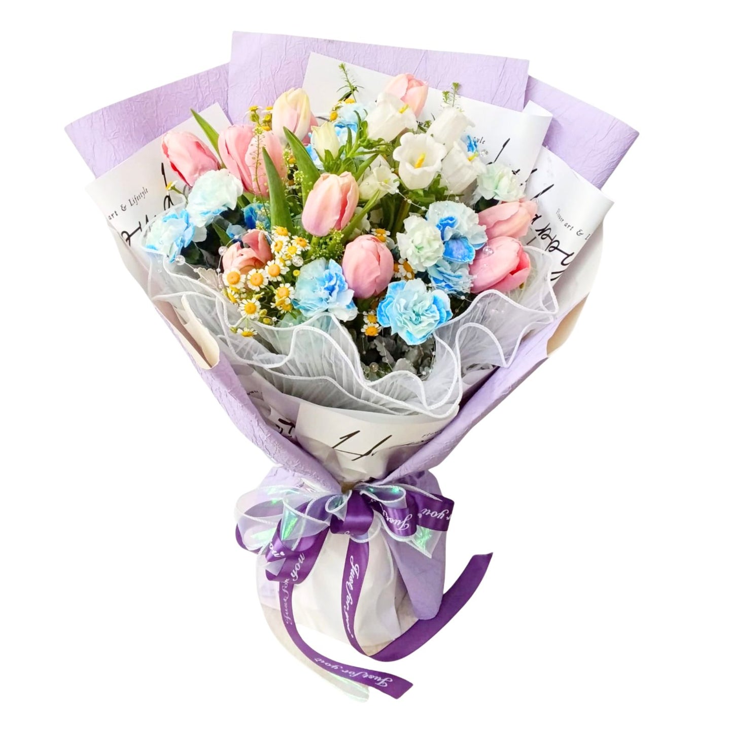 格蘭花店 - 鮮花花束 (鬱金香、康乃馨、風鈴花、 小菊花、米娜葉及其他襯花) [FB26034]