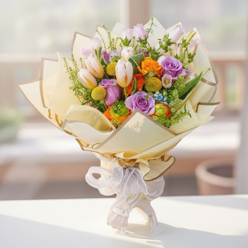 格蘭花店 - 鮮花花束 (玫瑰、橙色牡丹、風鈴花、 藍星花、鬱金香及其他襯花) [FB26037]