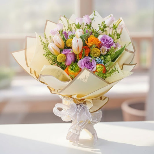 格蘭花店 - 鮮花花束 (玫瑰、橙色牡丹、風鈴花、 藍星花、鬱金香及其他襯花) [FB26037]