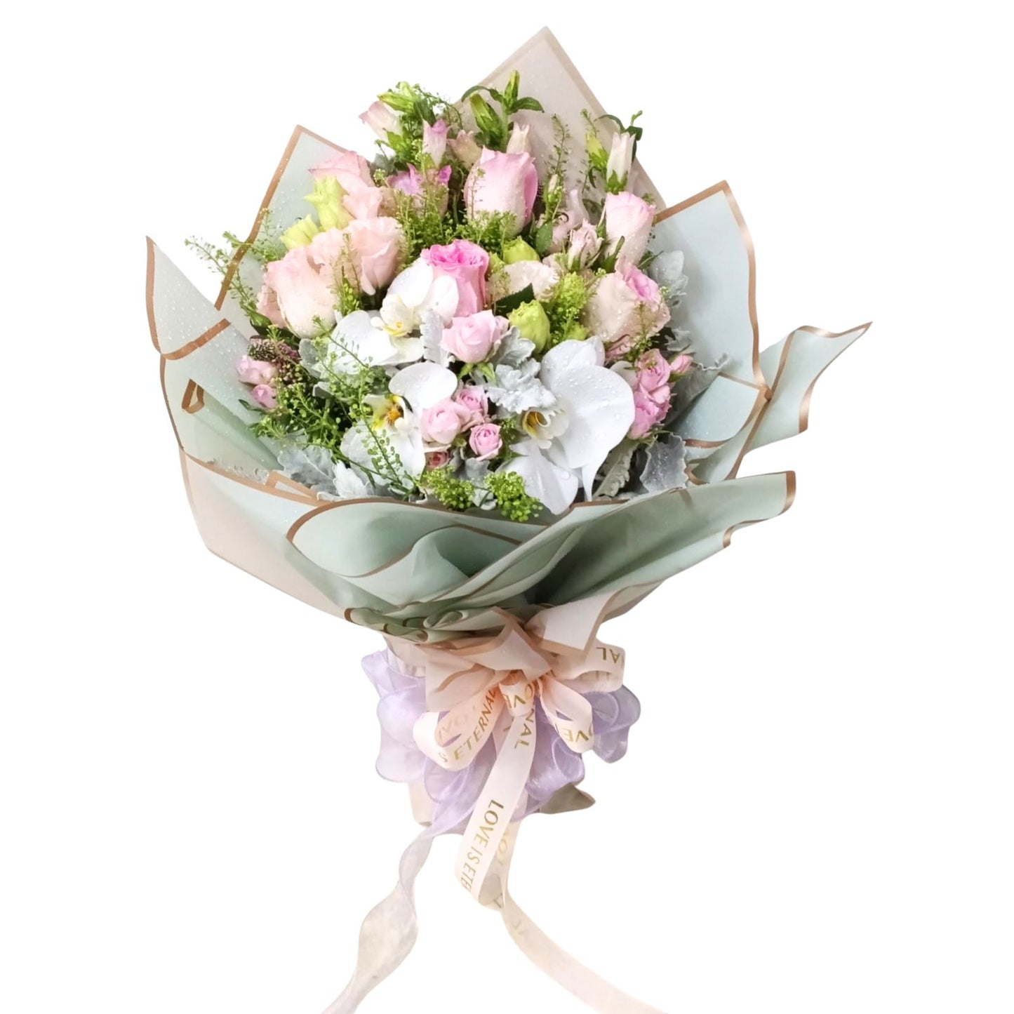 格蘭花店 - 鮮花花束 (玫瑰6枝、桔梗、 風鈴花、米娜葉、蝴蝶蘭及其他襯花) [FB26041]