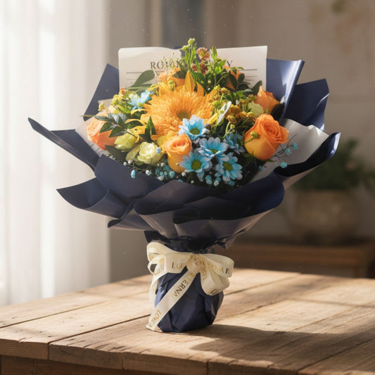 格蘭花店 - 鮮花花束 (泰迪重瓣向日葵、橙色玫瑰、白色小玫瑰、藍色小雛菊、黃色小雛菊、尤加利葉及其他襯花) [FB26301]