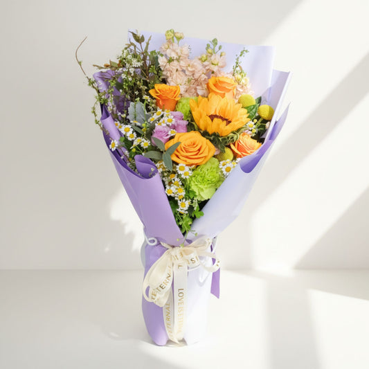 格蘭花店 - 鮮花花束 (向日葵、橙色玫瑰、紫玫瑰、日本麝香、小菊及其他襯花) [FB26302]