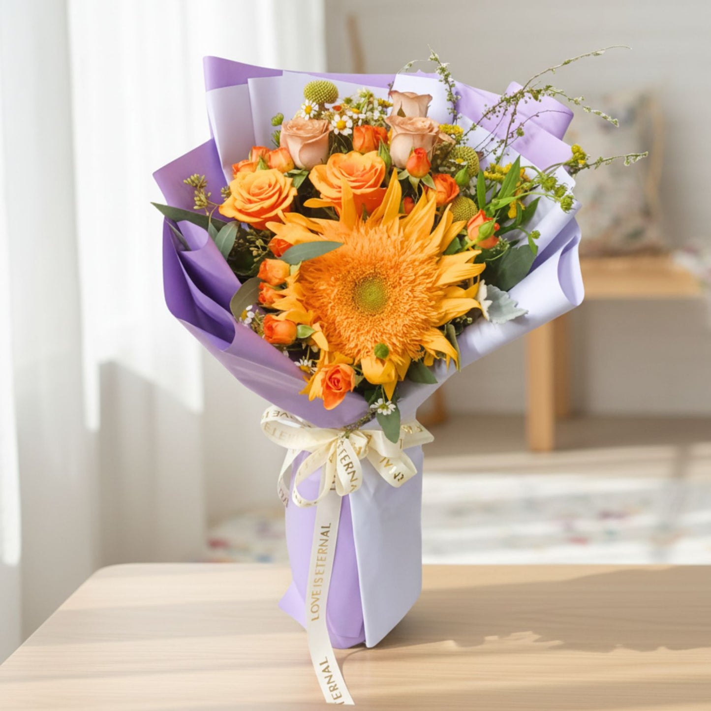 格蘭花店 - 鮮花花束 (泰迪重瓣向日葵、橙色玫瑰、朱古力玫瑰、橙色小玫瑰、小菊及其他襯花) [FB26304]