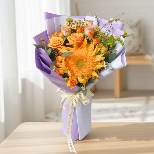 格蘭花店 - 鮮花花束 (泰迪重瓣向日葵、橙色玫瑰、朱古力玫瑰、橙色小玫瑰、小菊及其他襯花) [FB26304]