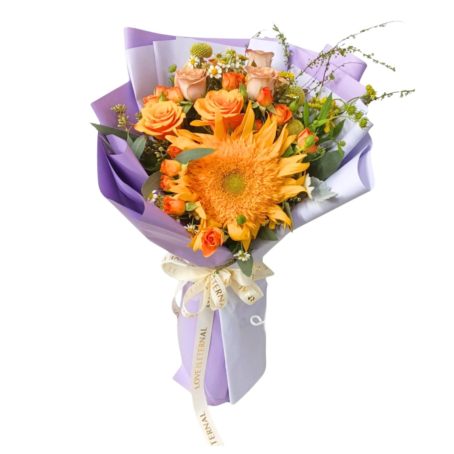 格蘭花店 - 鮮花花束 (泰迪重瓣向日葵、橙色玫瑰、朱古力玫瑰、橙色小玫瑰、小菊及其他襯花) [FB26304]