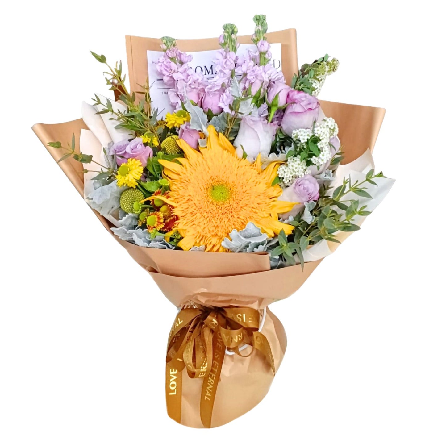 格蘭花店 - 鮮花花束 (迪重瓣向日葵、紫玫瑰、日本麝香、小菊、尤加利葉及其他襯花) [FB26305]