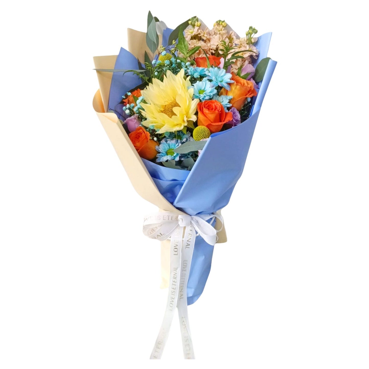 格蘭花店 - 鮮花花束 (奶油向日葵、橙色玫瑰、日本麝香、藍色小雛菊、小玫瑰、尤加利葉及其他襯花) [FB26308]