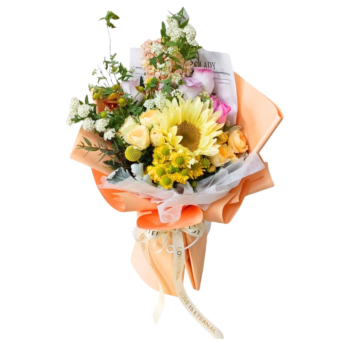 格蘭花店 - 鮮花花束 (奶油向日葵、小玫瑰、紫玫瑰、日本麝香、小雛菊、小繡球、尤加利葉及其他襯花) [FB26309]