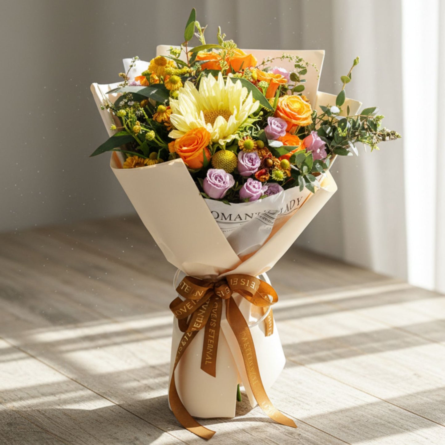 格蘭花店 - 鮮花花束 (奶油向日葵、橙玫瑰、紫小玫瑰、小雛菊、尤加利葉及其他襯花) [FB26310]