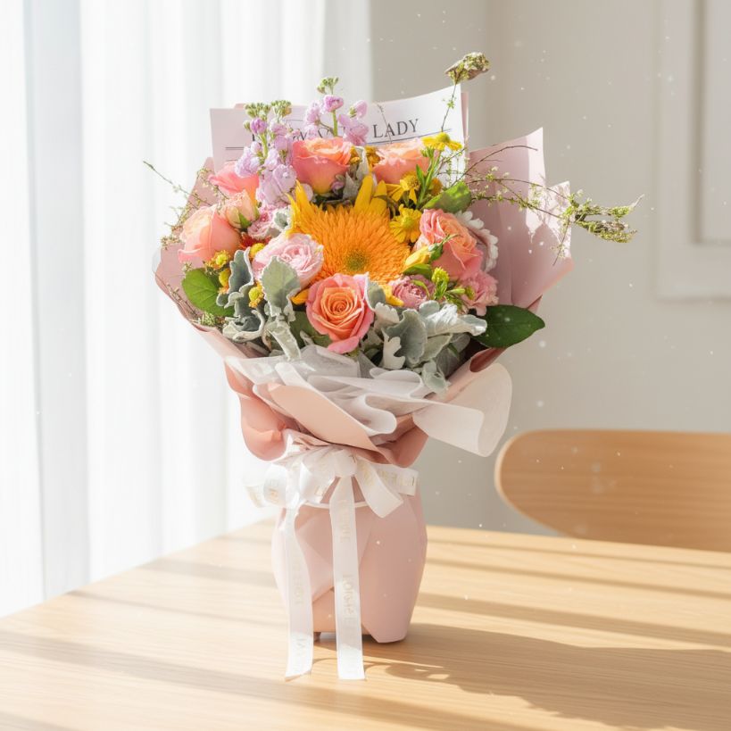 格蘭花店 - 鮮花花束 (泰迪重瓣向日葵、玫瑰、日本麝香、小菊及其他襯花) [FB26312]