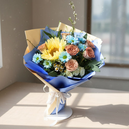 格蘭花店 - 鮮花花束 (奶油向日葵、朱古力玫瑰、玫瑰、小菊及其他襯花) [FB26315]