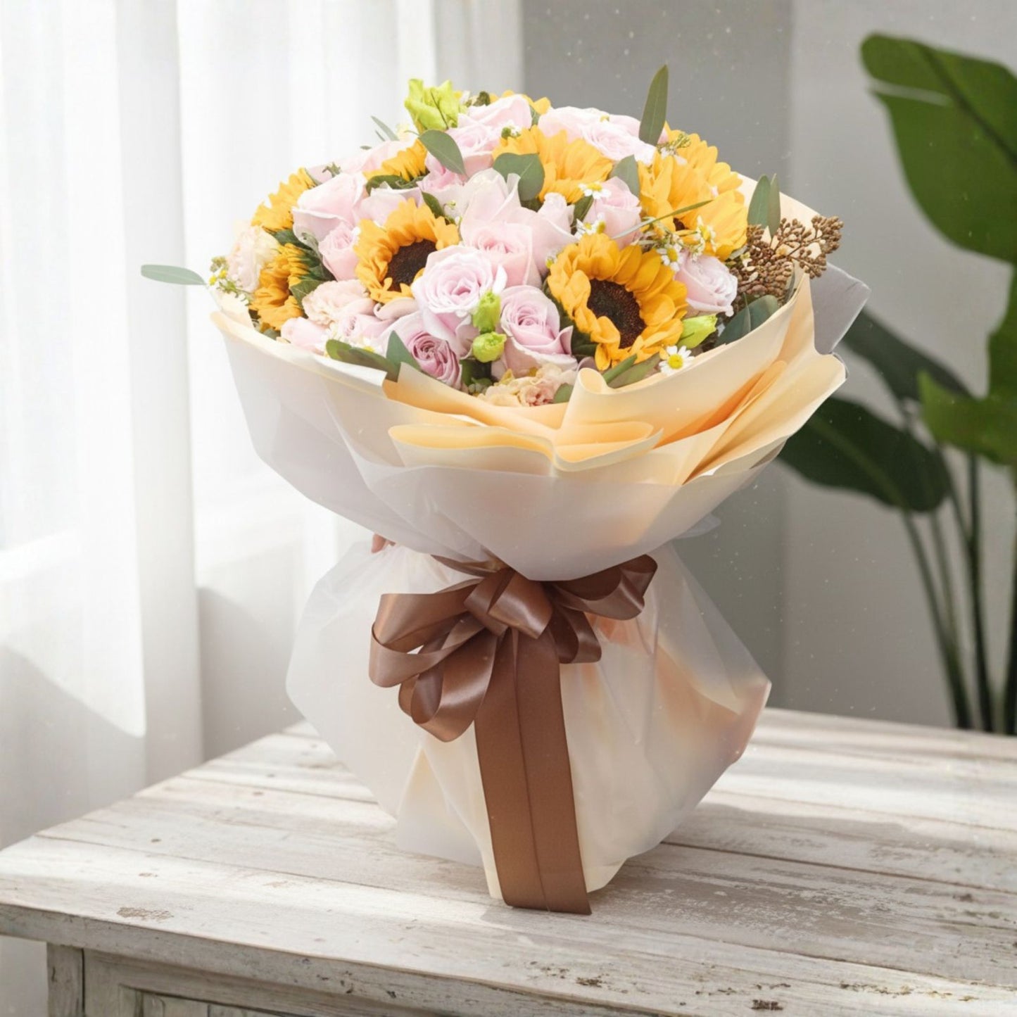 格蘭花店 - 鮮花花束 (向日葵10枝、粉玫瑰36枝、桔梗、小菊、尤加利葉及其他襯花) [FB26316]