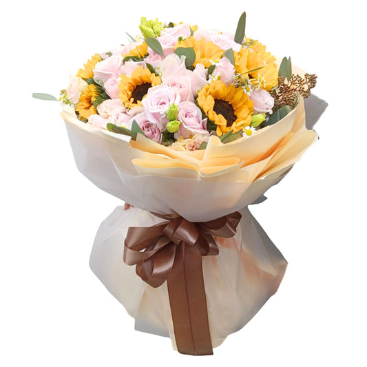格蘭花店 - 鮮花花束 (向日葵10枝、粉玫瑰36枝、桔梗、小菊、尤加利葉及其他襯花) [FB26316]