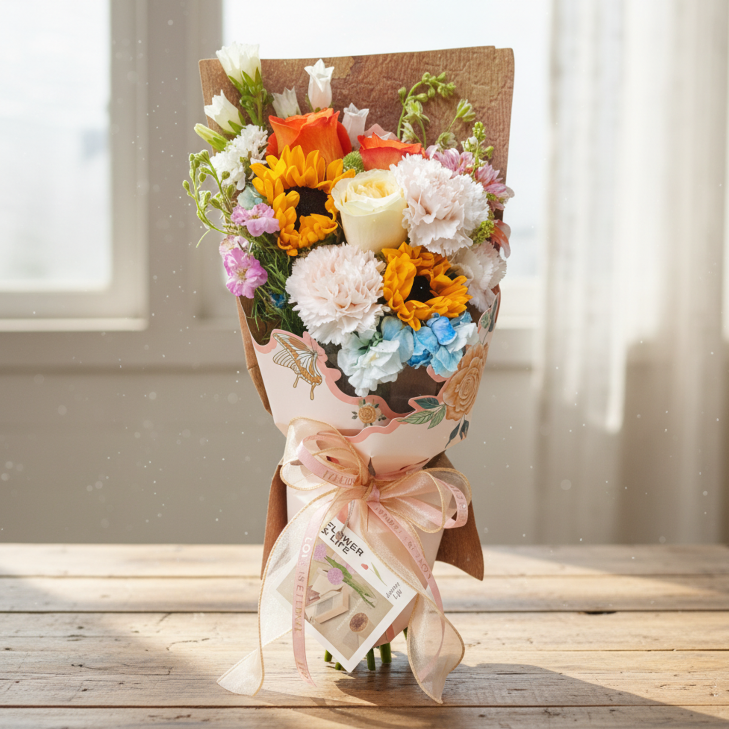 【限定自取價$520】溫暖的陽光鮮花花束 (向日葵、橙色玫瑰、香檳玫瑰、粉色康乃馨、風鈴花及其他襯花) [FB26501]