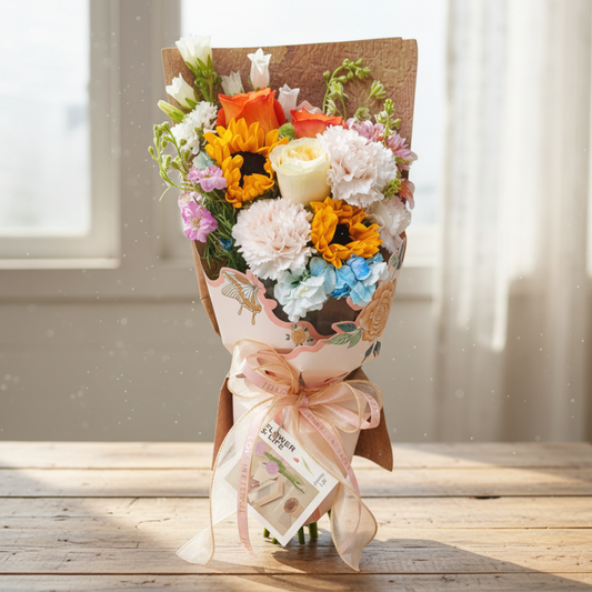 【限定自取價$520】溫暖的陽光鮮花花束 (向日葵、橙色玫瑰、香檳玫瑰、粉色康乃馨、風鈴花及其他襯花) [FB26501]