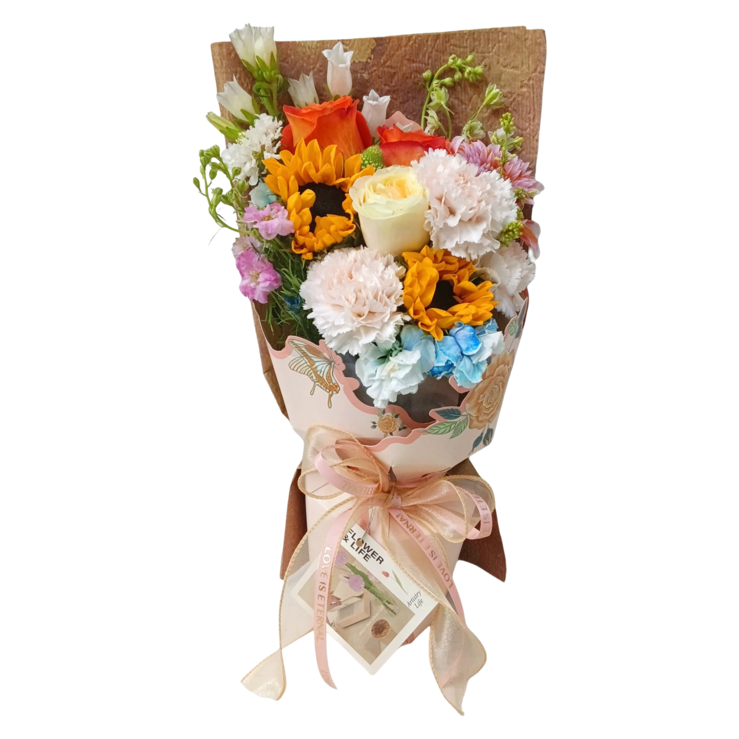 【限定自取價$520】溫暖的陽光鮮花花束 (向日葵、橙色玫瑰、香檳玫瑰、粉色康乃馨、風鈴花及其他襯花) [FB26501]