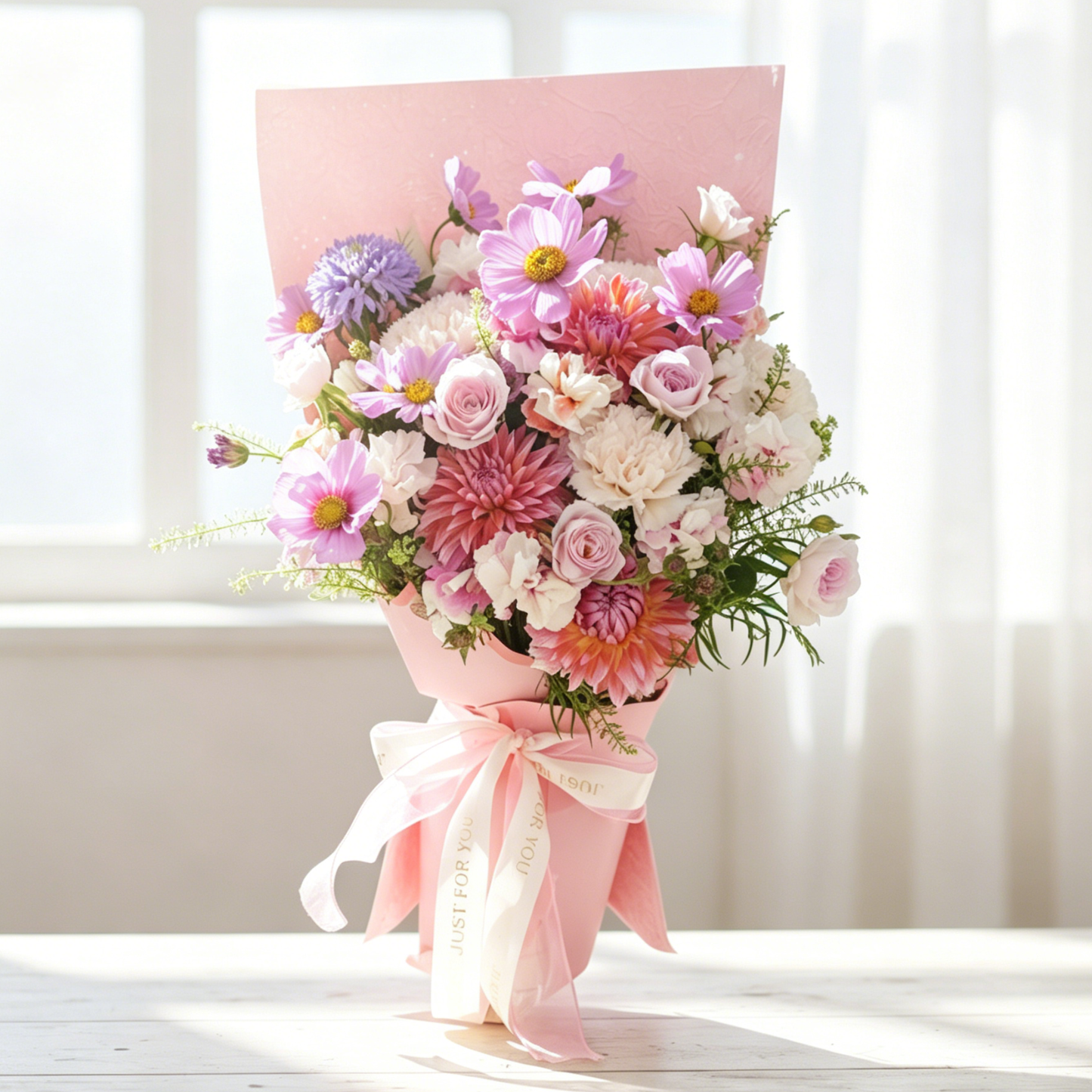 【限定自取價$520】柔美華章鮮花花束 (大理花、波斯菊、粉色康乃馨、小粉玫瑰及其他襯花) [FB26502]