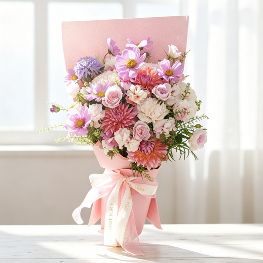 【限定自取價$520】柔美華章鮮花花束 (大理花、波斯菊、粉色康乃馨、小粉玫瑰及其他襯花) [FB26502]