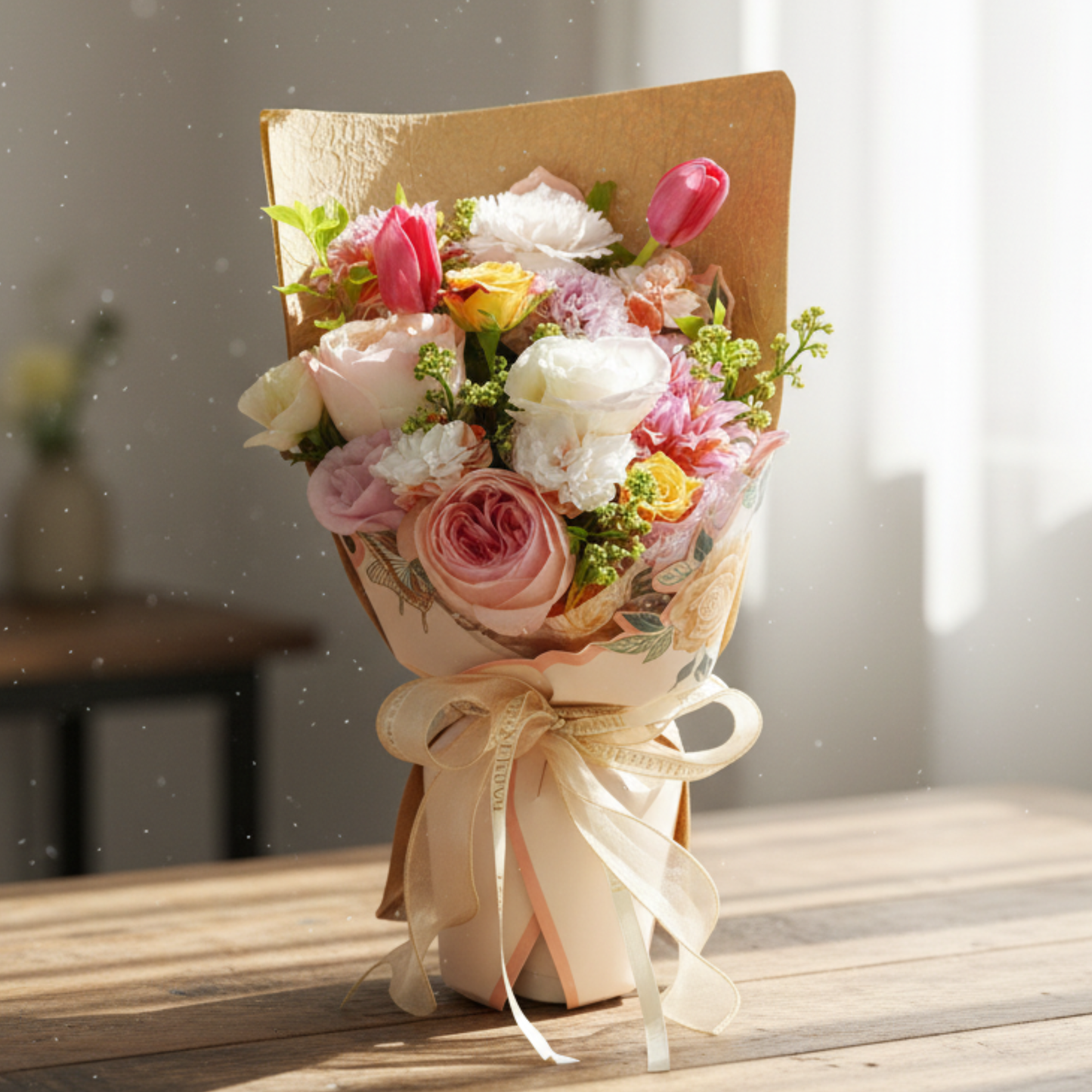 【限定自取價$520】溫柔時光鮮花花束 (粉玫瑰、白色玫瑰、鬱金香、桔梗、大理花、小玫瑰及其他襯花) [FB26504]