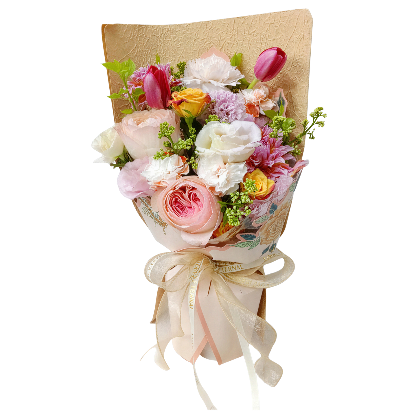 【限定自取價$520】溫柔時光鮮花花束 (粉玫瑰、白色玫瑰、鬱金香、桔梗、大理花、小玫瑰及其他襯花) [FB26504]