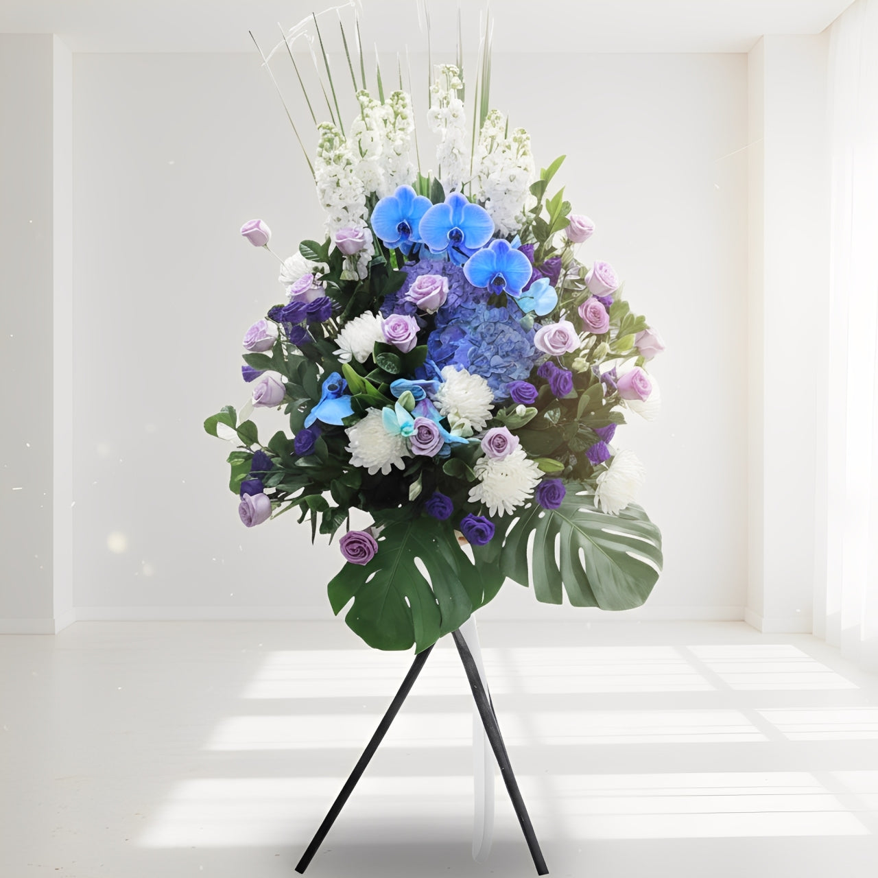 格蘭花店 - 白事花籃 (水竹草、日本麝香、馬卡龍、大繡球花、單頭大菊花、玫瑰、桔梗及襯花) [FS0015] 喪禮 殯儀 告別式 追思會