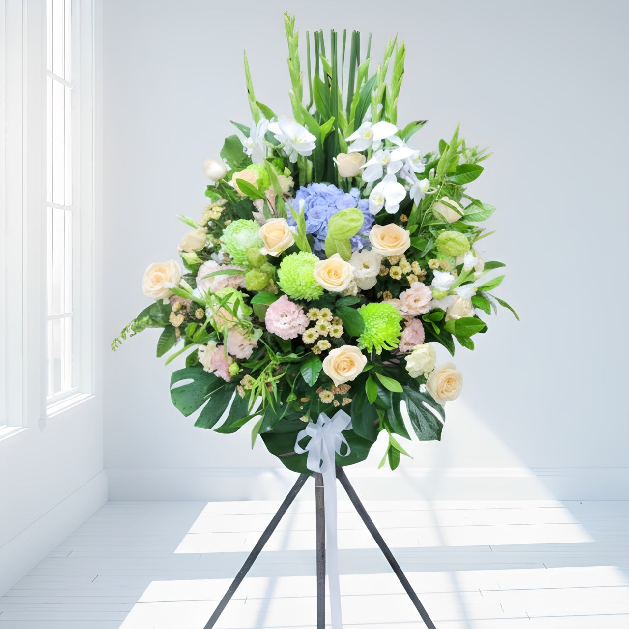 格蘭花店 - 白事花籃 (水竹草、劍蘭、繡球花、蝴蝶蘭、牡丹菊、糖棉、玫瑰、桔梗、小菊及襯花) [FS0018] 喪禮 殯儀 告別式 追思會