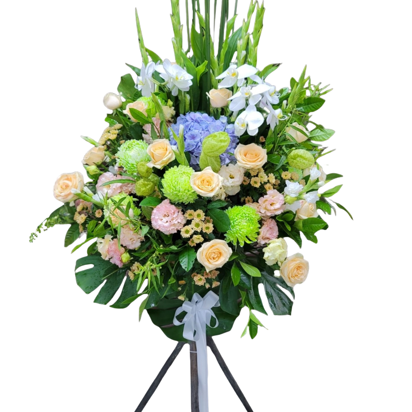 格蘭花店 - 白事花籃 (水竹草、劍蘭、繡球花、蝴蝶蘭、牡丹菊、糖棉、玫瑰、桔梗、小菊及襯花) [FS0018] 喪禮 殯儀 告別式 追思會