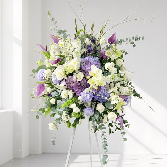 格蘭花店 - 白事花籃 (日本雪柳、劍蘭、紫掌、繡球花、牡丹菊、蝴蝶蘭、日本麝香、大象耳、玫瑰、桔梗及襯花) [FS0019] 喪禮 殯儀 告別式 追思會