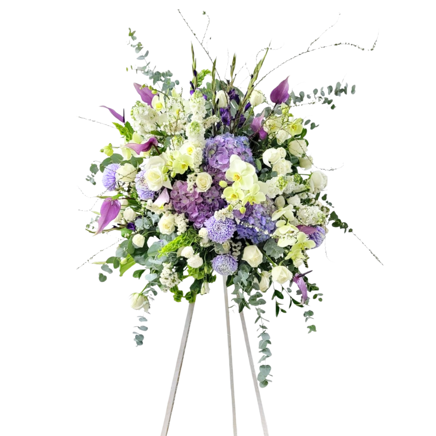 格蘭花店 - 白事花籃 (日本雪柳、劍蘭、紫掌、繡球花、牡丹菊、蝴蝶蘭、日本麝香、大象耳、玫瑰、桔梗及襯花) [FS0019] 喪禮 殯儀 告別式 追思會