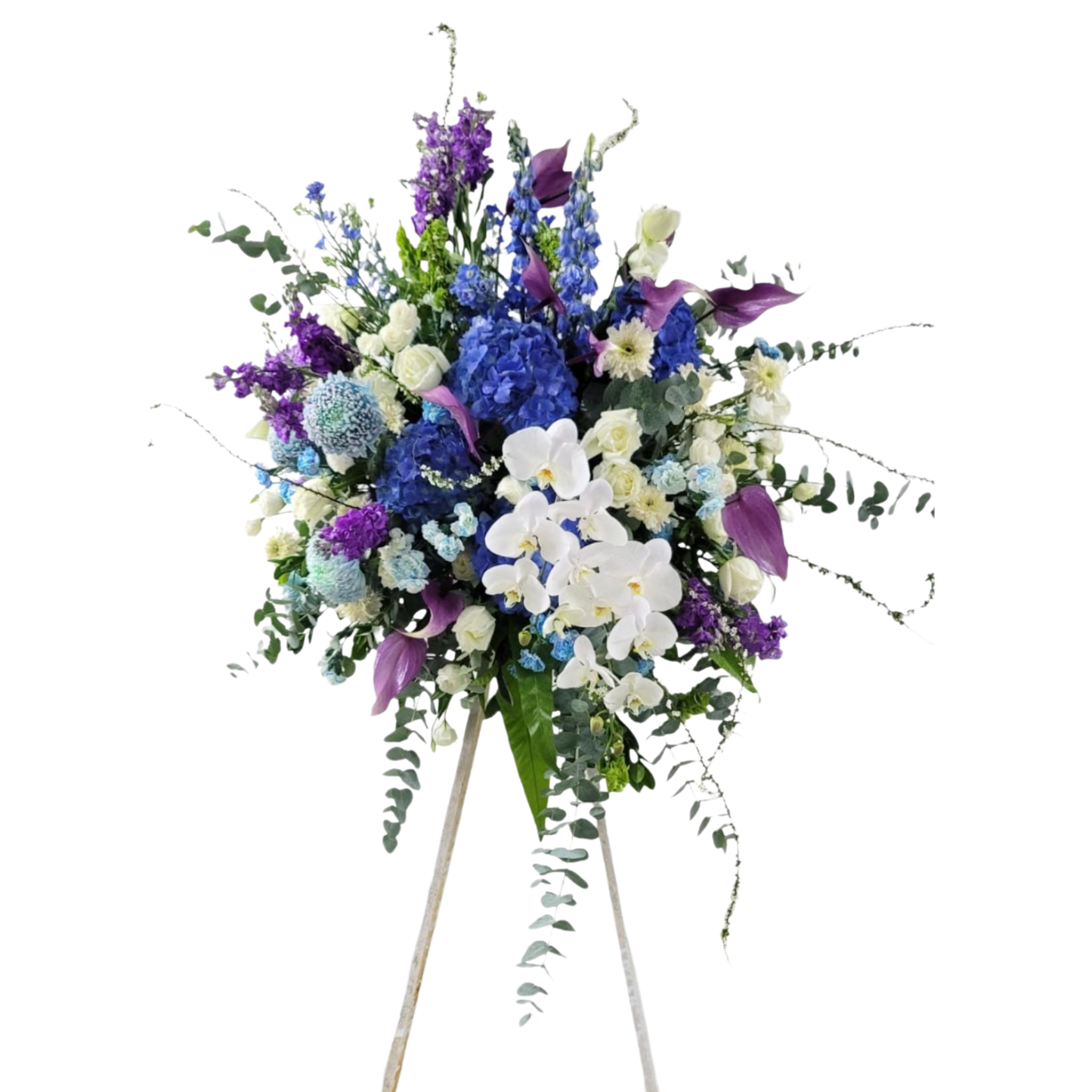 格蘭花店 - 白事花籃 (大飛燕、日本雪柳、紫掌、繡球花、大牡丹菊、蝴蝶蘭、玫瑰、白太陽、染色小丁香及襯花) [FS0020] 喪禮 殯儀 告別式 追思會