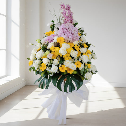 格蘭花店 - 白事花籃 (龍柳、大惠蘭、繡球花、玫瑰、太陽花、桔梗、小菊及襯花) [FS0021] 喪禮 殯儀 告別式 追思會