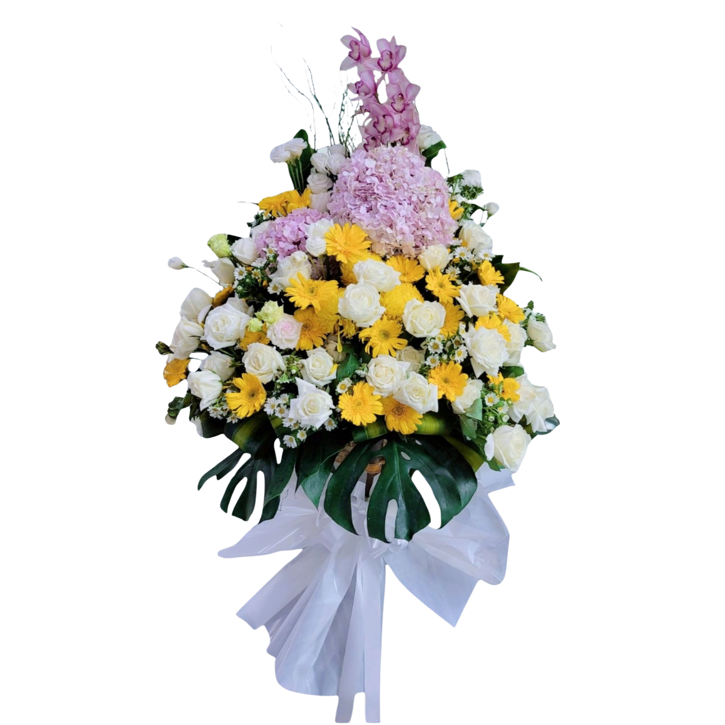 格蘭花店 - 白事花籃 (龍柳、大惠蘭、繡球花、玫瑰、太陽花、桔梗、小菊及襯花) [FS0021] 喪禮 殯儀 告別式 追思會