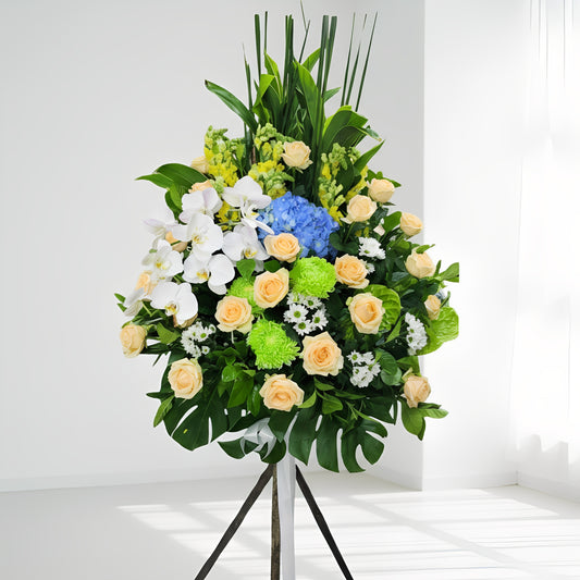 格蘭花店 - 白事花籃 (水竹草、金魚草、綠掌、牡丹菊、蝴蝶蘭、青鐵、小菊及襯花) [FS0023] 喪禮 殯儀 告別式 追思會